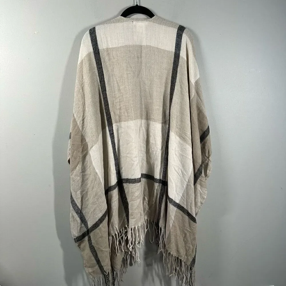 Three Dots tan beige window pane fringe trim wrap shawl blacker scarf